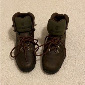 Brown and green leather timberland boots